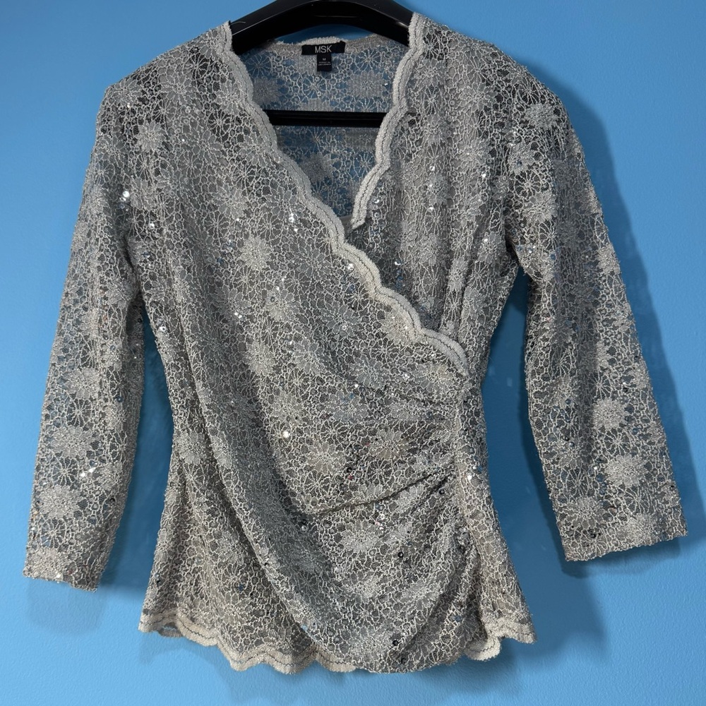 MSK Silver Lace Wrap Blouse - Picture 7 of 7